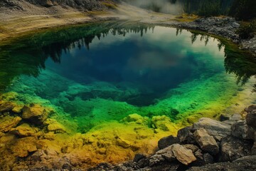 Fototapeta premium Vibrant geothermal pool in a serene natural landscape surrounded by rocky terrain