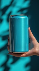 Hand holding blue aluminum beverage can soda beer energy drink against gradient blue background stylish mockup for product branding