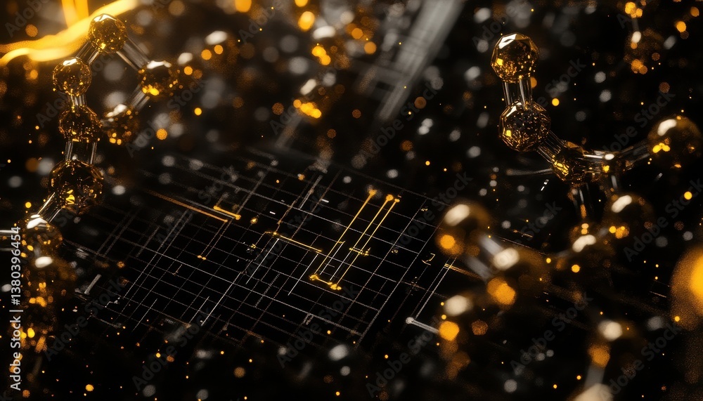 Fototapete Abstract Golden Particle Network on Black Background Digital Data Visualization Glowing Connections Artificial Intelligence Concept Futuristic Design Internet Communication and Modern Technology