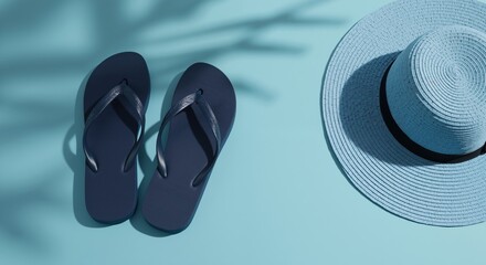 Straw hat and blue flip flops on blue background with palm leaf shadow. Monochromatic summer beach accessories. Minimalist vacation essentials with warm tones. Resort fashion and travel concept.