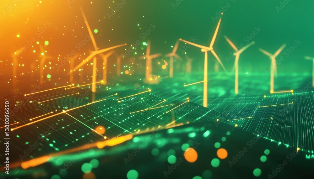 Poster abstract green and yellow digital landscape featuring wind turbines generating renewable energy with