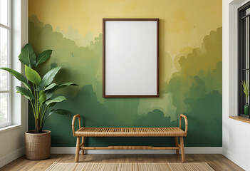 Tropical Accent Wall: A bold green and yellow ombre wall, featuring an ISO A-sized poster mockup in a dark wooden frame, positioned above a cozy bamboo bench.