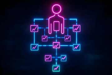 Fototapeta premium Neon human figure with connected graph nodes on dark background