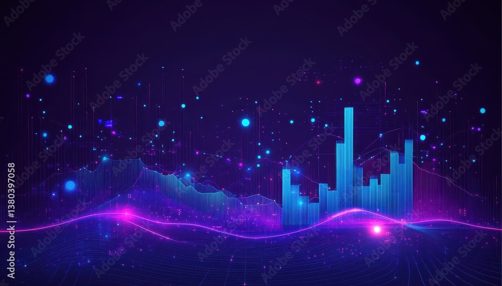 Poster abstract neon data visualization with glowing waves and geometric shapes on a dark purple background