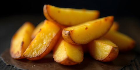 Rustic potato wedges with skin against dark background