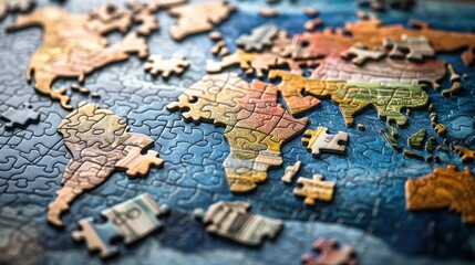Naklejka premium Global Puzzle: A World Map Jigsaw Unveiling Continents