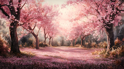 Obraz premium Watercolor Scene of Cherry Blossom Trees in Bloom