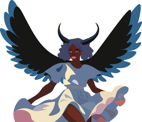 girl with blue hair and horns and dark blue wings