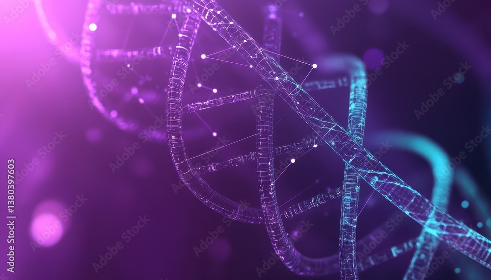 Poster abstract purple and blue dna helix structure for scientific research and genetic code visualization 