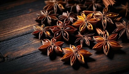 Fototapeta premium Dark Rustic Wood Background with Star Anise and Cinnamon Sticks
