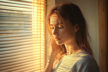woman struggling with depression anxiety and sadness in serene bedroom with natural light