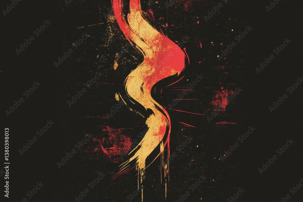 Poster abstract red and gold fluid swirl on black background with splatter effect artistic background image
