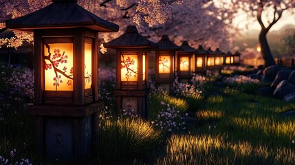 Fototapeta premium Cherry blossom lantern festival park night scene tranquil scenic view japanese culture