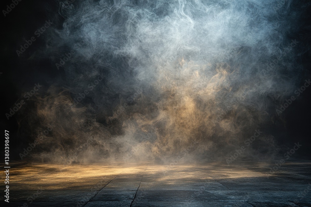 Aufkleber abstract splash of water and powder with golden and blue hue on a dark stage backdrop with textured 