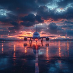Dramatic sunset sky with moody clouds over the runway of an airport with a silhouetted airplane taking off against the colorful and atmospheric dusk lighting