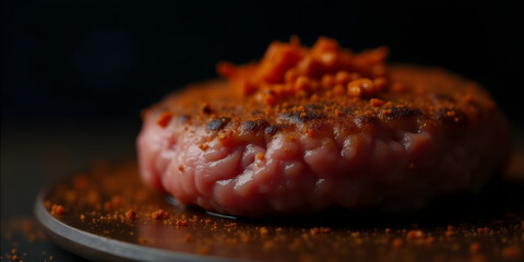 A spicy burger against dark background: a beef patty seasoned with chili spices