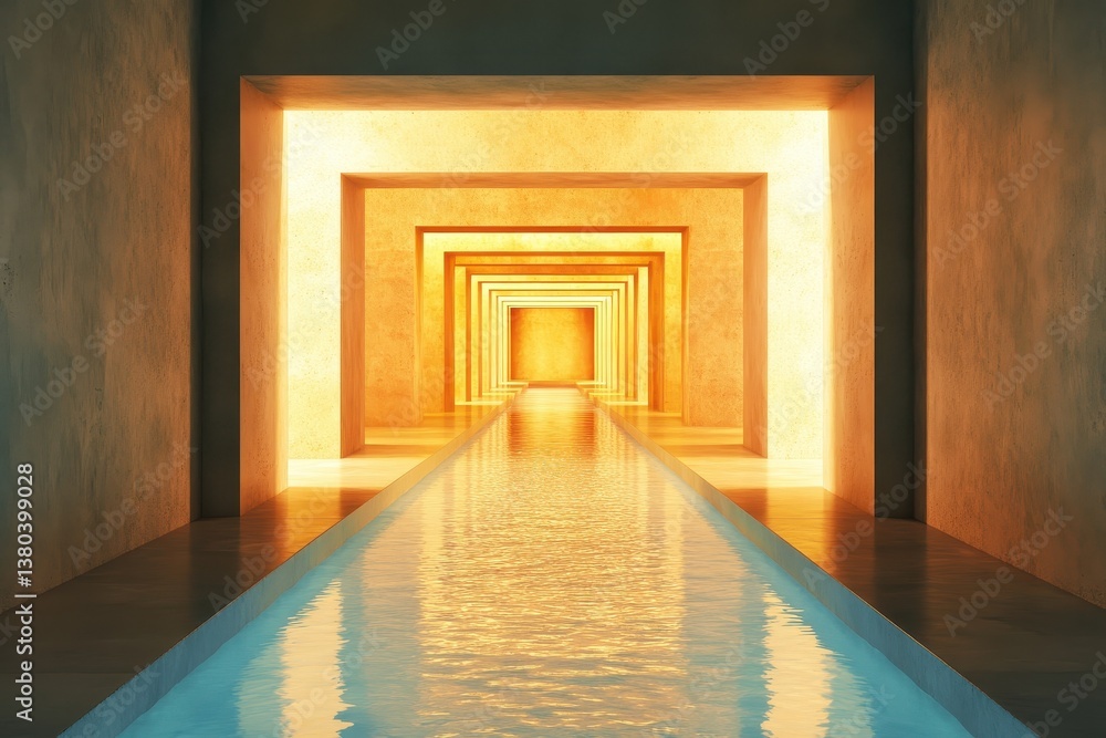 Aufkleber abstract tunnel with geometric pattern and water reflection warm tones minimalist architecture desig