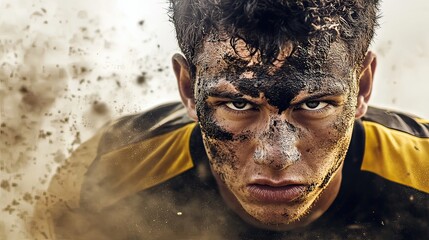 Intense soccer action field portrait dynamic atmosphere close-up passion