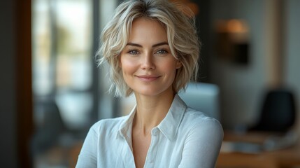 Portrait of a smiling beautiful blonde woman, 30-35 years old, employee in a white blouse, in the office
