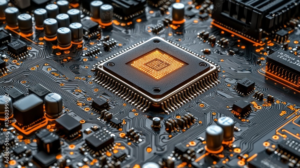 Poster illuminated microchip: a close-up of a central processing unit on a circuit board