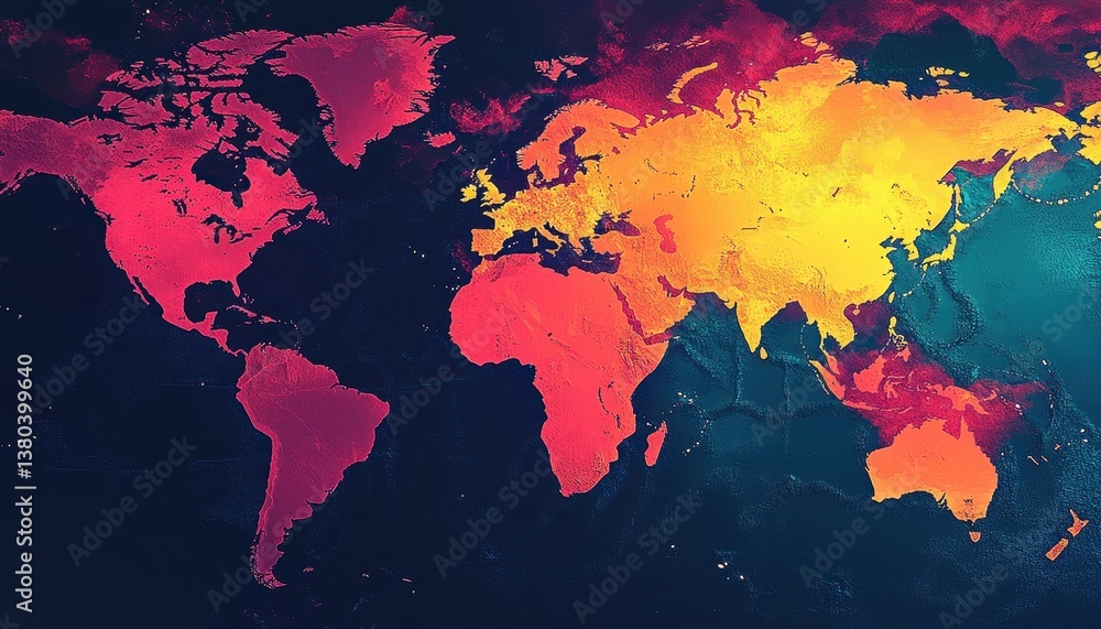 Poster Abstract World Map with Colorful Pixelated Continents on Dark Blue Gradient Background for Decoration and Presentation and Geographic Design