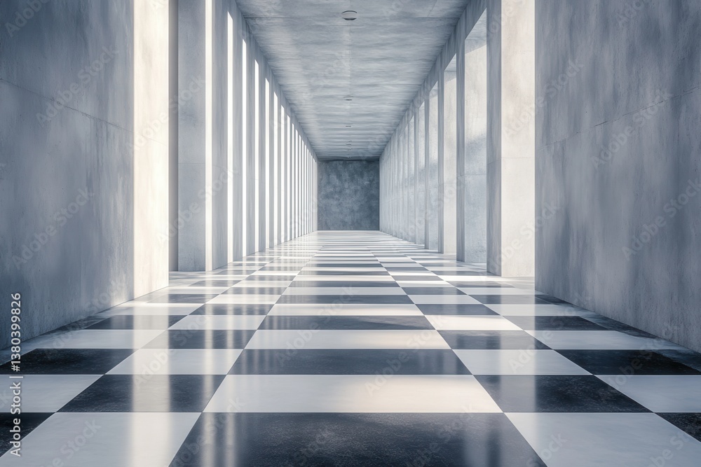 Fototapete architectural hallway interior with checkerboard tile floor in clean modern style showing light and 