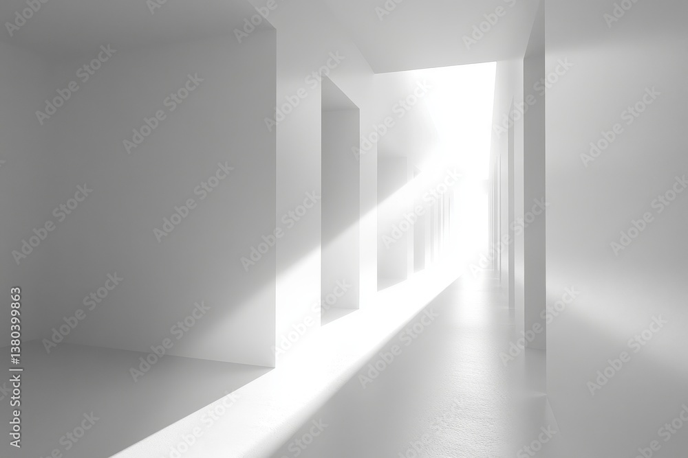 Poster architectural interior white hallway with natural sunlight shining through creating striking shadows