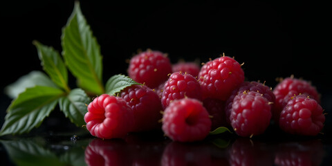 Raspberries, plump and ripe with slight sheen, scattered across a dark glass table, surrounded by fresh green leaves with delicate veins and subtle curves, set against a somber black background that a
