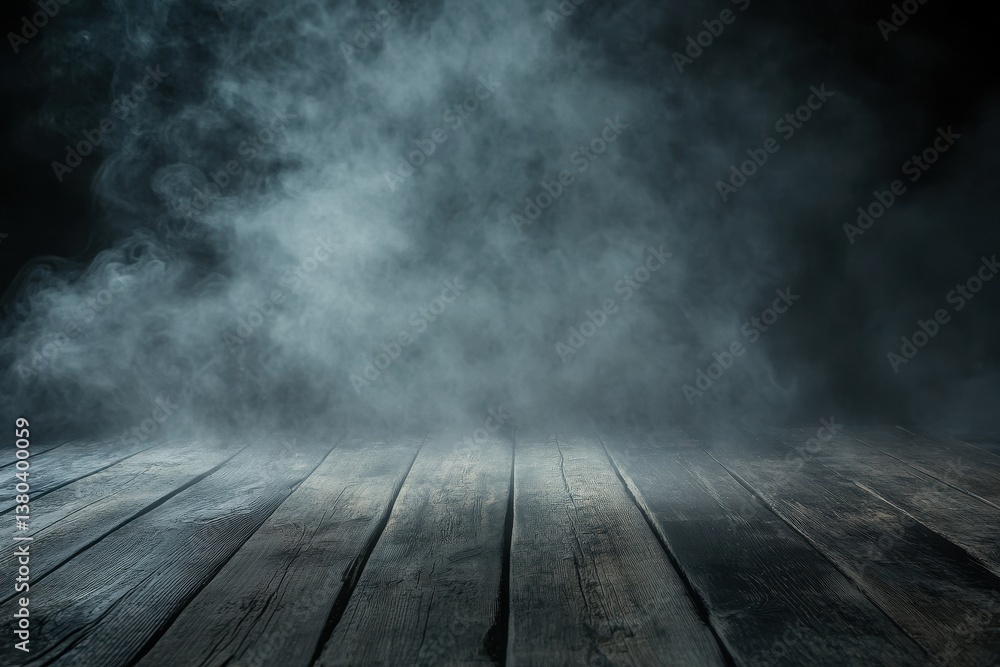 Poster atmospheric smoke and fog over dark wooden planks creating a mysterious background with grayscale te