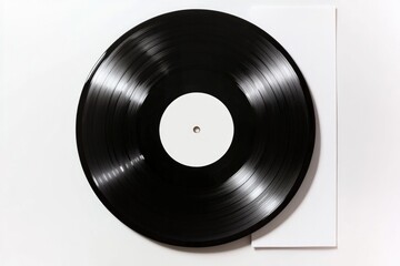 Fototapeta premium Classic black vinyl record placed on minimalistic white backgrou