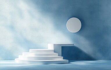 Minimalist Geometric Pedestal Display for Product Presentation with Soft Blue Background and Clean Scandinavian Design