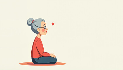 Serene meditation with heart emblem, cartoon elderly figure