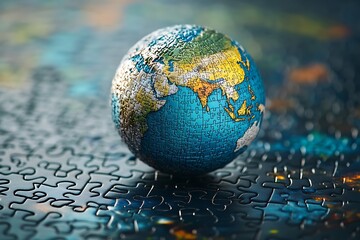 Our fragile Earth, a global puzzle waiting to be completed, rests on a sea of unsolved challenges, captured in deep, moody tones.