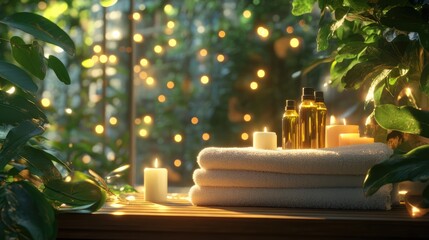 A serene spa setting featuring neatly folded towels
