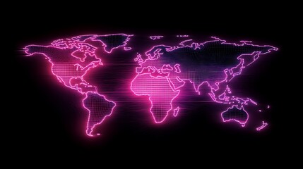 A glowing neon wireframe digital world map on black background