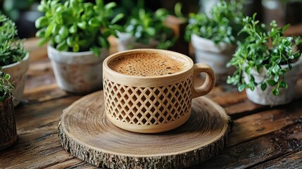 Aromatic Coffee Break: Wooden Cup on Rustic Table