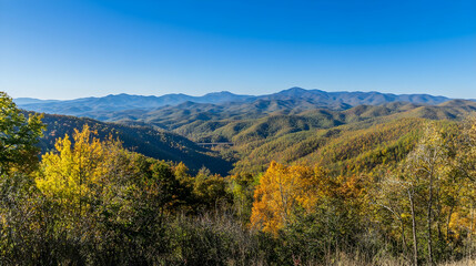 Autumnal mountain vista, valley view, fall foliage, scenic overlook, nature background