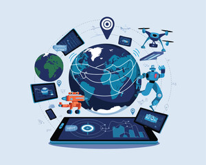 vector illustrative poster that celebrates global communication technology . Showcase a world travel by advanced communication systems.
