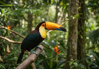 Fototapeta premium Vibrant Toucan Bird Perched on Branch in Lush Rainforest, Wildlife Photography, Tropical Bird.