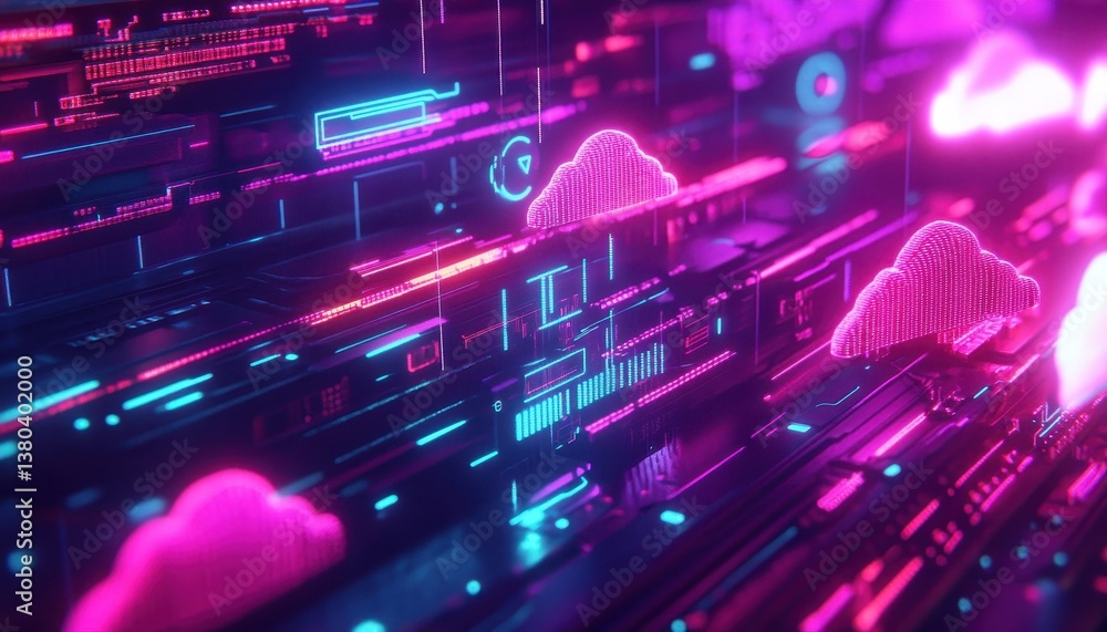 Aufkleber Cloud Computing Cyber Network Data Transfer in Futuristic Abstract Artificial Intelligence with Cyberpunk Neon Glow Graphic Design and Modern System Structure