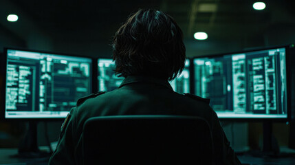 Person sitting in front of multiple computer screens displaying code in a dark environment.