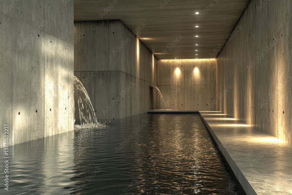 Aufkleber concrete architecture with reflective pool interior design and modern lighting in minimalist style s