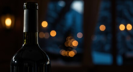 Dark wine bottle with cozy warm yellow bokeh lights in background