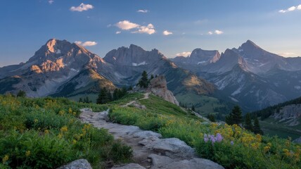 Fototapeta premium Breathtaking Mountain Landscape with Wildflower Pathway at Sunset