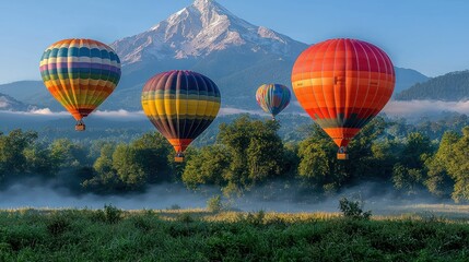 Naklejka premium Majestic Hot Air Balloons Soaring Over Misty Mountain Valley