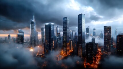 Obraz premium Dramatic cityscape at dusk with towering skyscrapers and hazy moody atmosphere Panoramic view of modern urban skyline with illuminated high rise buildings and infrastructure Abstract