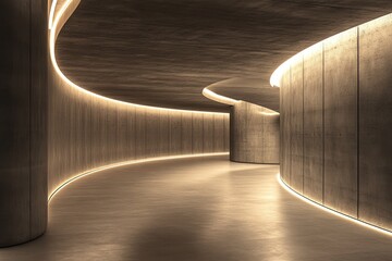 Obraz premium Curved Concrete Hallway with Illuminated Lines Modern Interior Architecture Design Building Perspective and Abstract Geometric Elements Seamless Background