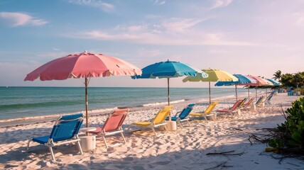 Fototapeta premium Colorful Beach Umbrellas and Chairs on a Serene Tropical Shore
