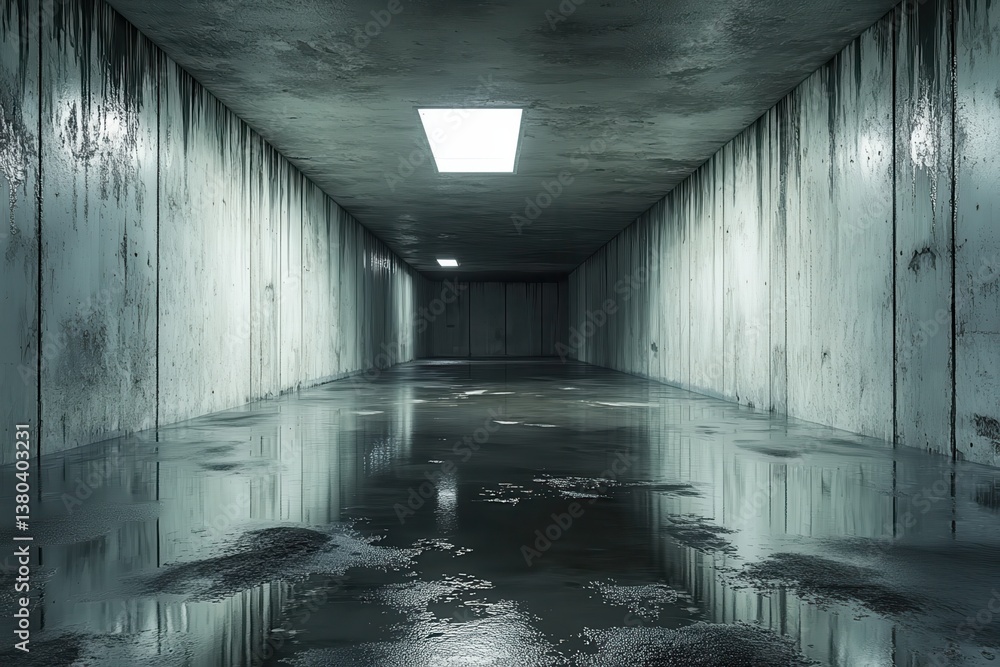 Fototapete Dimly Lit Concrete Tunnel with Water Reflections on the Floor in Urban Setting with a Distant Light Source and No People Creates a Sense of Isolation and Foreboding