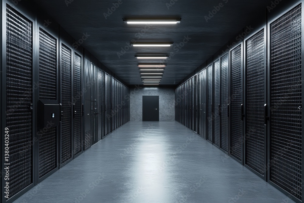 Poster dimly lit data center hallway with rows of black server racks and concrete floor under fluorescent c
